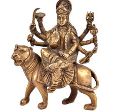 Brass Durga Statue Seated on Her Vehicle Lion Hindu Worship Statue
