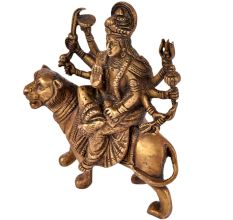 Brass Durga Statue Seated on Her Vehicle Lion Hindu Worship Statue