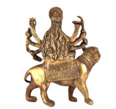 Brass Durga Statue Seated on Her Vehicle Lion Hindu Worship Statue