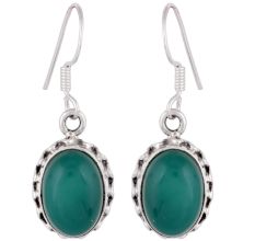 92.5 Sterling Silver Earring Handmade Oval Shaped Green Agate Hook Earrings