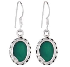 92.5 Sterling Silver Earring Handmade Oval Shaped Green Agate Hook Earrings
