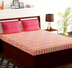 Bombay Dyeing  Pink And Orange Abstract 120 TC Cotton Double 1 Bedsheet With 2 Pillow Covers
