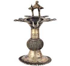 Handcrafted Ethnic Brass Oil Lamp Diya Deepak With StandÂ With Peacock Figurines