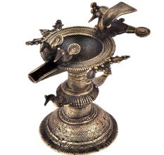 Handcrafted Ritual Brass Oil Lamp Diya StandÂ With Several  Peacock Figurines