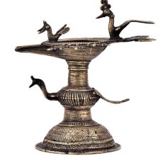 Handcrafted Ritual Brass Oil Lamp Diya StandÂ With Several  Peacock Figurines