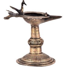 Brass Oil Lamp Indian Dhokra Rare Peacock Diya Stand