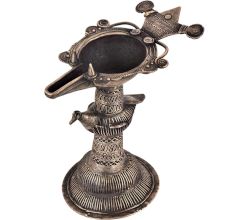 Dhokra Brass Oil Lamp With Stand Tribal Peacock Carving
