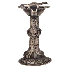 Dhokra Brass Oil Lamp With Stand Tribal Peacock Carving