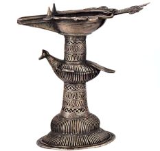 Dhokra Brass Oil Lamp With Stand Tribal Peacock Carving