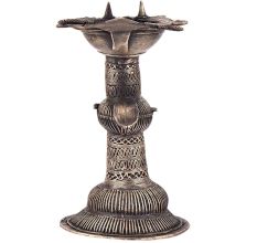 Dhokra Brass Oil Lamp With Stand Tribal Peacock Carving