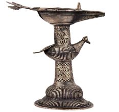 Dhokra Brass Oil Lamp With Stand Tribal Peacock Carving