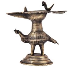 Indian Dokra Brass Oil Lamp Hand Crafted Peacock Oil Lamp