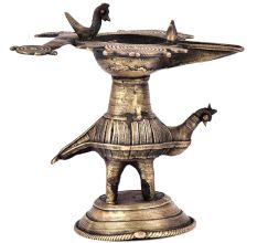 Indian Dokra Brass Oil Lamp Hand Crafted Peacock Oil Lamp