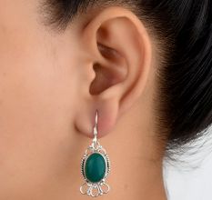 92.5 Sterling Silver Earrings Green Onyx Floral Rope Hook Earrings