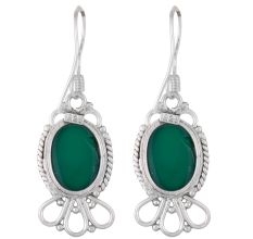 92.5 Sterling Silver Earrings Green Onyx Floral Rope Hook Earrings