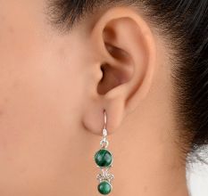 92.5 Sterling Silver Earrings Twin Malachite Round Drop Earrings