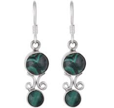 92.5 Sterling Silver Earrings Twin Malachite Round Drop Earrings