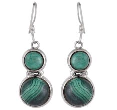 92.5 Sterling silver Earring Twin Round Green Malachite Hook Everday Earrring