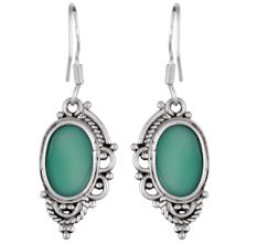 92.5 Sterling Silver Earings Half Design Oval Green Agate Earrings