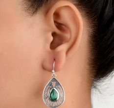92.5 Sterling Silver Earrings Green Malachite Big Tear Drop Earings