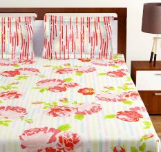 Bombay Dyeing Orange Floral 120 TC Cotton Double 1 Bedsheet With 2 Pillow Covers