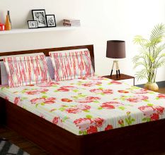 Bombay Dyeing Orange Floral 120 TC Cotton Double 1 Bedsheet With 2 Pillow Covers