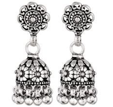 92.5 Sterling Silver Earrings Intricate Floral Stud  Traditional Jhumkies