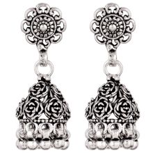 92.5 Solid Sterling Silver Earring Oxidize Rose Flower Design Jhumka Earring