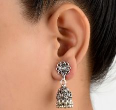 92.5 Solid Sterling Silver Earring Oxidize Rose Flower Design Jhumka Earring