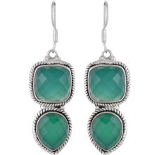 Sterling Silver Earrings Twin Green Onyx in Square And Teardrop Dangler Earrings