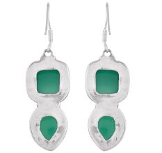 Sterling Silver Earrings Twin Green Onyx in Square And Teardrop Dangler Earrings
