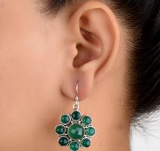 92.5 Sterling Silver Earrings Green Aventurine and Onyx Flower Earrings