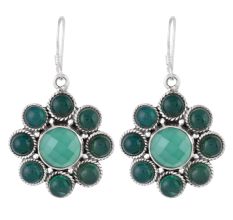 92.5 Sterling Silver Earrings Green Aventurine and Onyx Flower Earrings