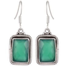 92.5 Sterling Silver Green Agate Earrings Rectangular Border Girlfriend Gift