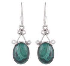 92.5 Sterling Silver Earings Oval  Malachite  Fancy Earrings