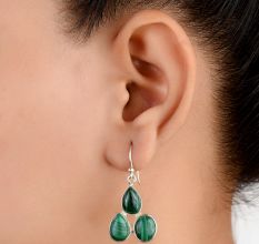 92.5 Sterling Silver Earings Three Studded  Malachite Earrings