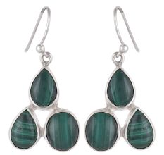 92.5 Sterling Silver Earings Three Studded  Malachite Earrings