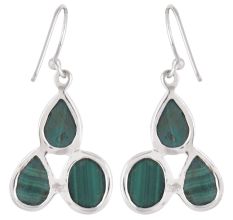 92.5 Sterling Silver Earings Three Studded  Malachite Earrings