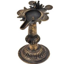 Brass Dhokra oil Lamp/ Samai With Engraved Design And Peacock Figurines
