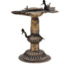 Brass Dhokra oil Lamp/ Samai With Engraved Design And Peacock Figurines