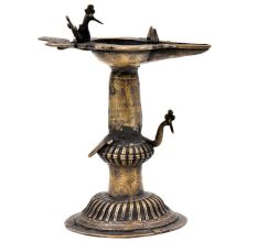 Brass Dhokra oil Lamp/ Samai With Engraved Design And Peacock Figurines