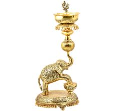 Tall  Artistic Oil Lamp With Elephant Peacock Figurines Leaves and Ghungroos