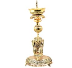 Tall  Artistic Oil Lamp With Elephant Peacock Figurines Leaves and Ghungroos