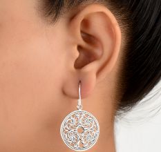 92.5 Sterling Silver Earrings Filigree Drop Round Hoop Cut Out Disc