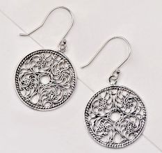 92.5 Sterling Silver Earrings Filigree Drop Round Hoop Cut Out Disc