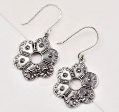 92.5 Sterling Silver Elegant Flower Design Ear Hook Dangle Earrings