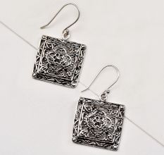 92.5 Sterling Silver Earrings Filigree Square Shaped Dangle Earrings