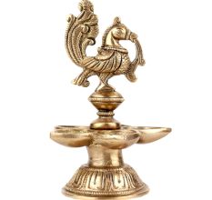Brass Oil Lamp with Engraved Peacock Design