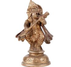 Brass Standing Ganesha Statue Playing The Veena