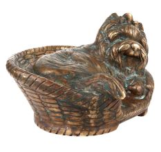 Brass Yorkshire Terrier Dog Sitting In A Basket Statue